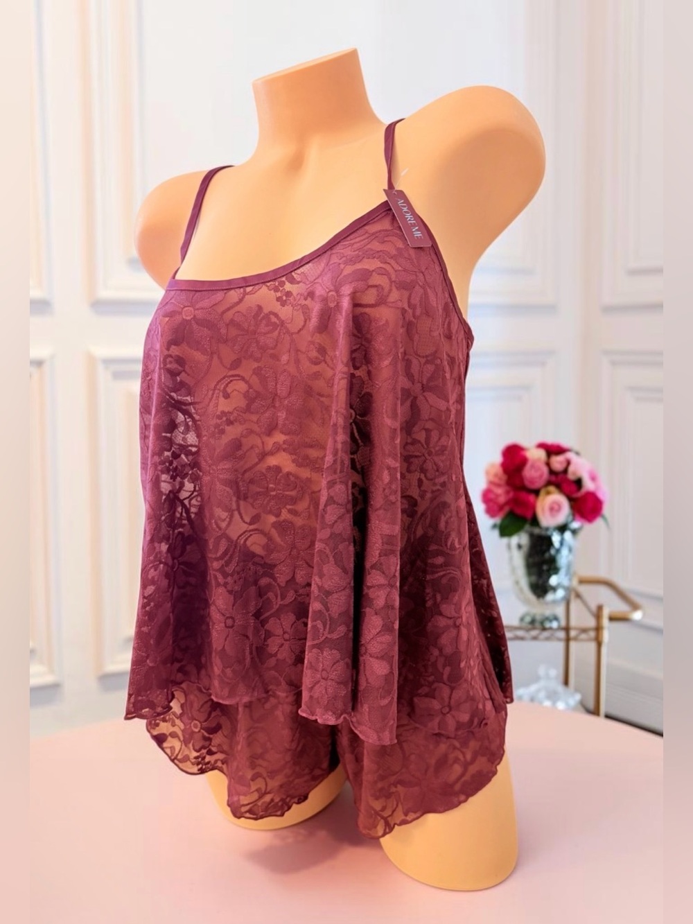 Adore Me Pajama Lace Cami & Shorts Set Sheer Floral Medium